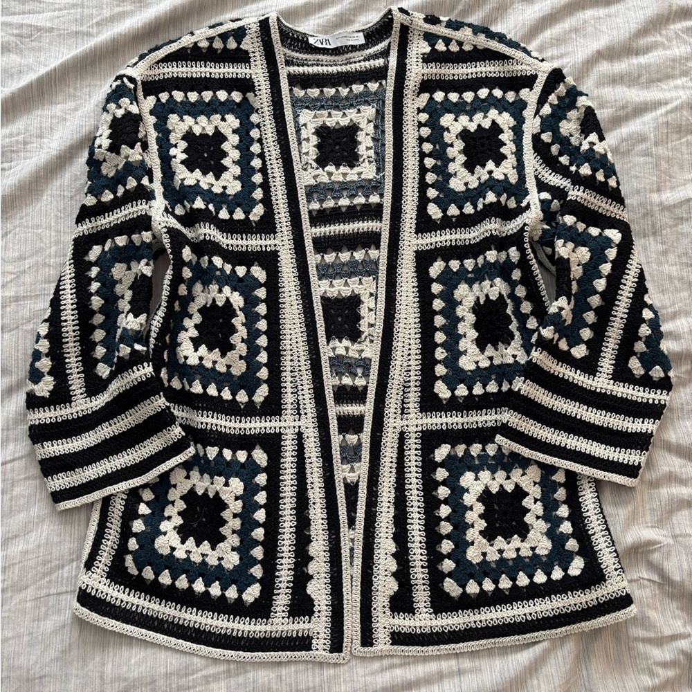 Zara Black and Cream Crochet Cardigan